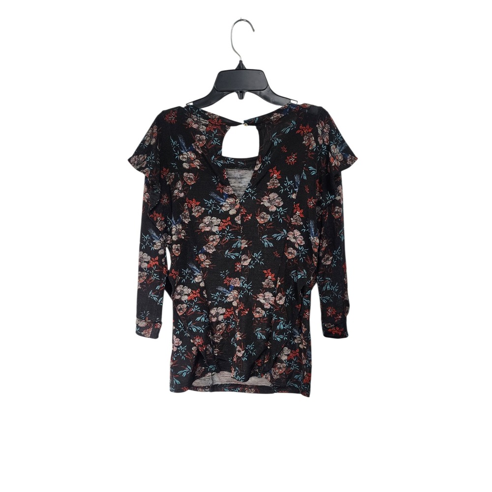 Free People Floral Knit Top Womens XS Ruffle Keyhole Back 3/4 Slv